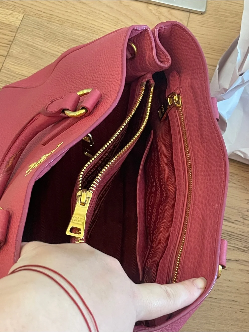 Prada Peonia Pink Vitello Daino Leather Tote Satchel Gold Hardware Shoulder Bag